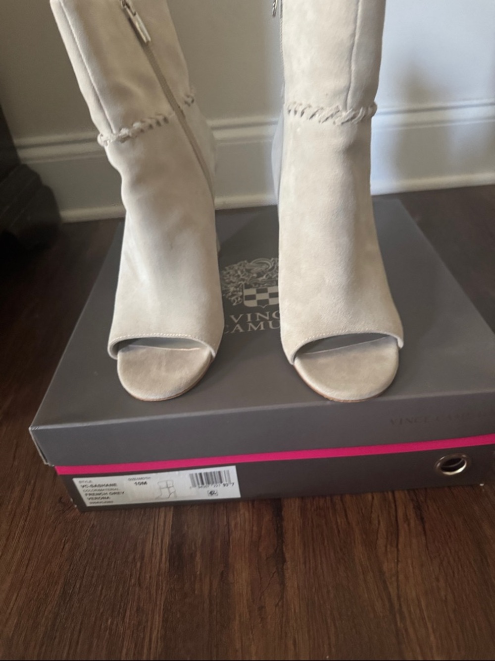 Vince Camuto Open-Toe Suede Ankle Boots in Beige
